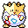 Pixelated character with yellow-orange body, brown hair tufts, and white belly holding blue and red circular symbols, shown in four sequential poses.
