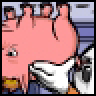 Pixelated static image of a pink cartoon pig character with large ears, wearing white and blue clothing, standing in front of blurred background figures.