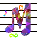 Animated music note avatar with changing colored symbols on a gray striped background.