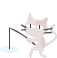 Pixelated light pink cat with black whiskers holds fishing rod over light blue water patch; text 'BACK' appears vertically on rod in later frames.