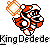 Pixel art of a red-and-white character with black accents holding an orange-yellow flame, shown in two poses against gray background.