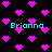 Black background with scattered bright pink pixelated hearts and cyan text reading 'Brianna' in four locations.