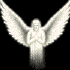 Four of a white angelic figure with outstretched wings against black background, showing wing position changes from spread to folded