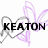 Animated icon with gray heart outline, purple scribbles, and changing text: 'KEATON' then '<33'.
