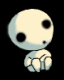 A small animated character with a round head and body, black eyes, and white limbs against a dark background.