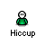 Pixel art character in green shirt with white skull face, shown in multiple states including static, speech bubbles, and hanging from a noose, all labeled 'Hiicup' below each instance.