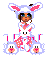 Pixel art buddy icon of a person wearing bunny ears and a rabbit costume with two smaller rabbits below, all in pastel colors on white background.