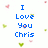 Pixelated blue text reads "I Love You Chris <33" on left and "Always And Forever" on right, surrounded by small pink and green heart shapes against white background.
