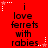 Red background with black text reading "i love ferrets with rabies." repeated in a pattern, surrounded by white and pink star-shaped pixel decorations