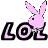 Pixelated pink bunny head with black eyes and ears overlays black outlined letters L O L with pink inner fill on white background.