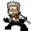 Pixel art character with gray hair and black pants holding a sword, showing sequential animation frames of sword swing and smoke effects.