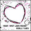 Pixelated heart-shaped icon with pink and black outlines, small hearts, stars, and text reading 'YOUR FIRST LOVE NEVER REALLY DIES' on a white background.