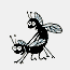 Two pixelated insect-like figures with black bodies, white eyes, and translucent blue wings in dynamic poses against a white background.