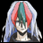 Pixelated anime-style character icon with multicolored hair and text elements on a black background.
