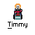 Pixel art character with orange hair and white face in wheelchair, wearing red jacket over blue shirt, seated on teal chair against gray background.