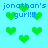 Pixelated cyan background with green heart shapes and blue text reading "jonathan's gurl!!!" repeated across the image.