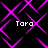 Pixelated purple geometric pattern with four instances of the text 'Tara' on a black background.
