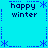 Pixelated blue background with repeated 'happy winter' text and star symbols in dark blue, arranged in a pattern