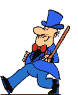 A cartoon character in blue attire walks with a cane, shown in six sequential poses against a gray background.