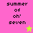Pixelated text "summer of oh' seven" on four colored backgrounds with a star icon changing color between frames.