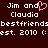Pixelated text on dark brown background reads "Jim and Claudias bestfriendsbestfriends est. 2010 (:" with pink heart replacing "and" in first line.