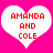 Two white heart shapes on a bright pink background, each containing red pixelated text reading "AMANDA AND COLE" in three lines.