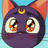 Pixelated close-up of a purple cat-like character with large orange-and-black eyes, a small yellow crescent symbol on its forehead, and pink inner ears against a light blue background.