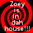 Four identical red and black spiral patterns with white text reading "Zoey is in dah house!!!" arranged in a