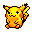 Pixelated yellow and orange creature with black accents, two expressions shown side-by-side on gray background.