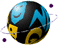Four animated frames of a cartoon planet with blue, black, and yellow sections showing different facial expressions and rotation angles against a gray background.