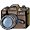 Pixelated camera icon with brown body, blue lens, and silver accents; show flash effect on left camera