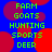 Static pixel art image with blue background and red circular shapes, displaying green text words arranged in vertical