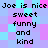 Pixelated text repeats 'Joe is nice sweet funny and kind' across a of cyan, purple, and pink squares with black lettering