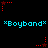 Pixelated red star with dotted lines rotates clockwise in a of cyan "*Boyband*" text on black background