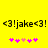 <3!jake<3! text in black pixelated font on bright yellow background, with two identical of pink and light pink heart icons below