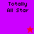 Four display "Totally All Star" text with a star icon; top-left purple background has red star, bottom-right red background has blue star