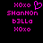 Pixelated pink text and symbols on black background, with 'XOXO' and 'SHaNNoN' repeated, 'b3LLa' in stylized form, and a heart symbol in the top-right corner.