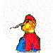 Animated sequence of a character in red cap and blue outfit holding a sword, performing various poses against white background.