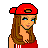 Pixel art contact sheet showing three frames of a red-sportswear character with text elements below each frame.
