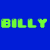 Blue background with green pixelated text 'BILLY FAN' above a cropped photo of a smiling person with light hair and blue clothing.