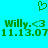 Green pixelated text and symbols on cyan background: 'Willy.<3' repeated twice with date '11.13.07', a heart symbol above.
