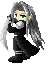 Pixelated character with long gray hair, green eyes, black outfit, and silver shoulder accents in four poses against gray background.