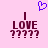 A pink background displays two identical pixelated 'I LOVE' text arrangements with question marks below, and a purple heart symbol above.