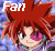 Pixelated anime-style character with red spiky hair, pink eye patch over right eye, and purple clothing against blue background.