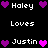 Pixelated text and heart symbols arranged in a on black background, with names 'Haley' and 'Justin' flanked by purple and pink hearts