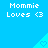 Blue background with repeated white text "Mommie Loves <3" and light blue triangular shapes containing heart symbols.