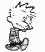 A black-and-white animated contact sheet of six Calvin and Hobbes character frames showing sequential poses with spiky hair, striped shirt, dark shorts, and shoes on a white background.