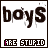 Pixelated text 'boys' in large font above 'ARE STUPID' with pink lettering, displayed across a of identical frames