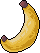 Pixelated banana with yellow peel and brown stem ends, curved shape on solid gray background.