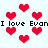 Pixelated red hearts float over repeated text 'I love Evani' on a light background.